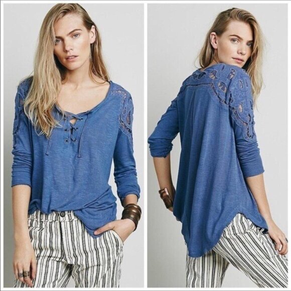 Free People Casual Boho Lace-Shoulder Lace Up Long Sleeve Top - Picture 2 of 11